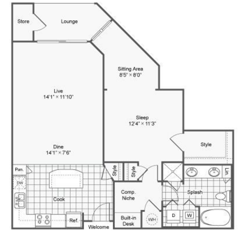 Floor plan for 1 bed, 1 bath, 923 sqft